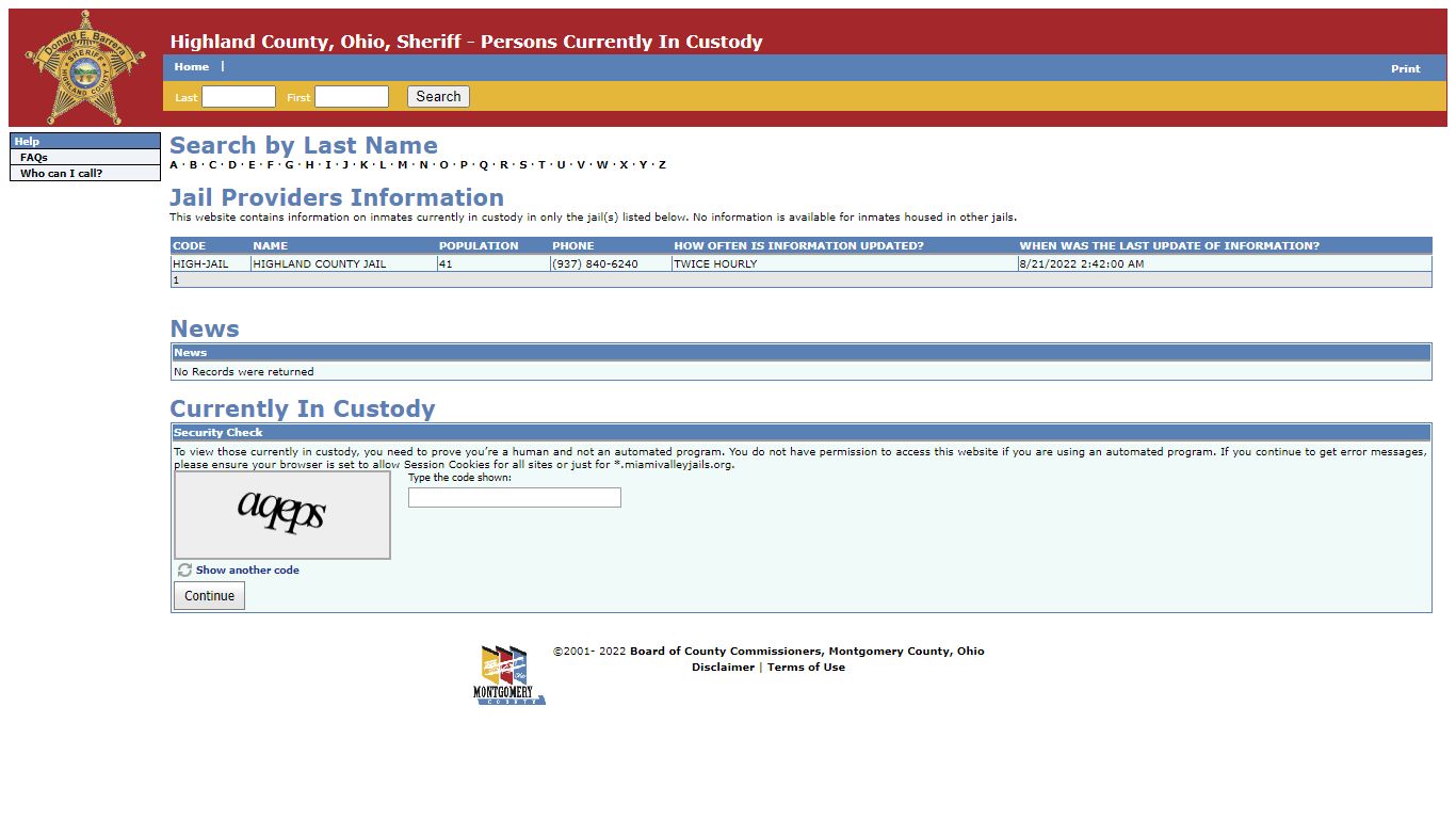 Highland County, Ohio, Sheriff - Persons Currently In Custody